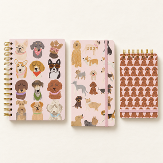 Nelly Castro dog illustrations on the Furry Friends spiral notebook, 2027 Pocket Dog Lovers planner and Poodle notepad