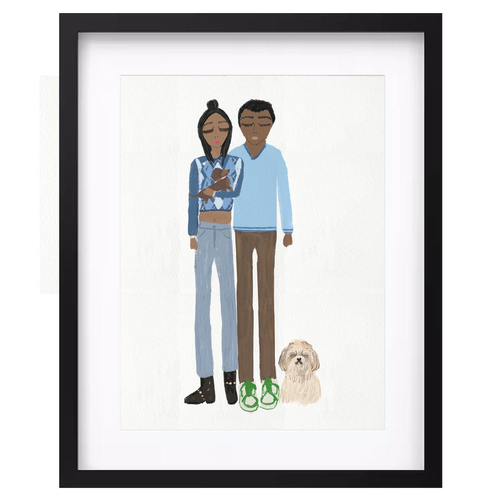 Personalised portrait by Nelly Castro – two people and two pets
