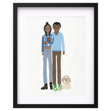 Personalised portrait by Nelly Castro – two people and two pets